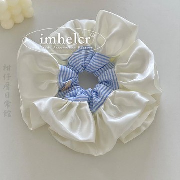 🔥2件9折🍊臺北出貨🍊可開發票純欲少女芭蕾風藍條紋奶油花邊大號頭花髮圈小衆高級清新ins髮飾