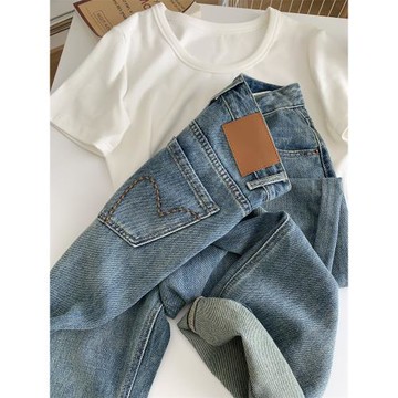 復古美式刺繡牛仔褲女2024春季新款寬松顯瘦百搭直筒高腰闊腿長褲