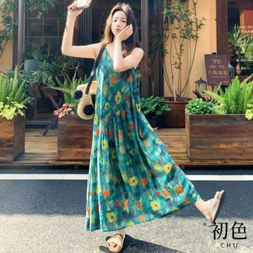 初色 法式度假風V領滿版印花無袖沙灘長裙連衣裙連身洋裝長裙-花色-51857(M-2XL可選)