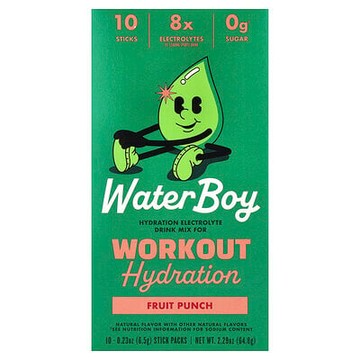 Waterboy, 運動補水，電解質混合飲品，混合水果味，10 條，每條 0.23 盎司（6.5 克）