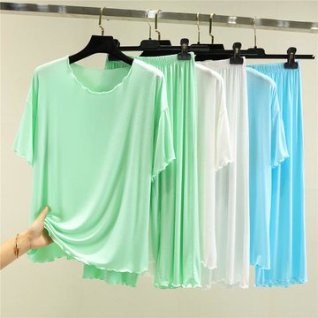 莫代爾睡衣女夏新款大碼純棉居家套裝外穿冰絲短袖T恤寬松七分褲