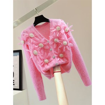 韓版高腰短款純色馬海毛長袖重工毛衣女小個子V領釘珠花朵針織衫