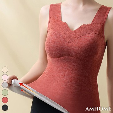 【Amhome】保暖馬甲帶胸墊德絨發熱內衣羊絨蠶絲感加絨上衣短版背心 # 114823(現貨+預購)