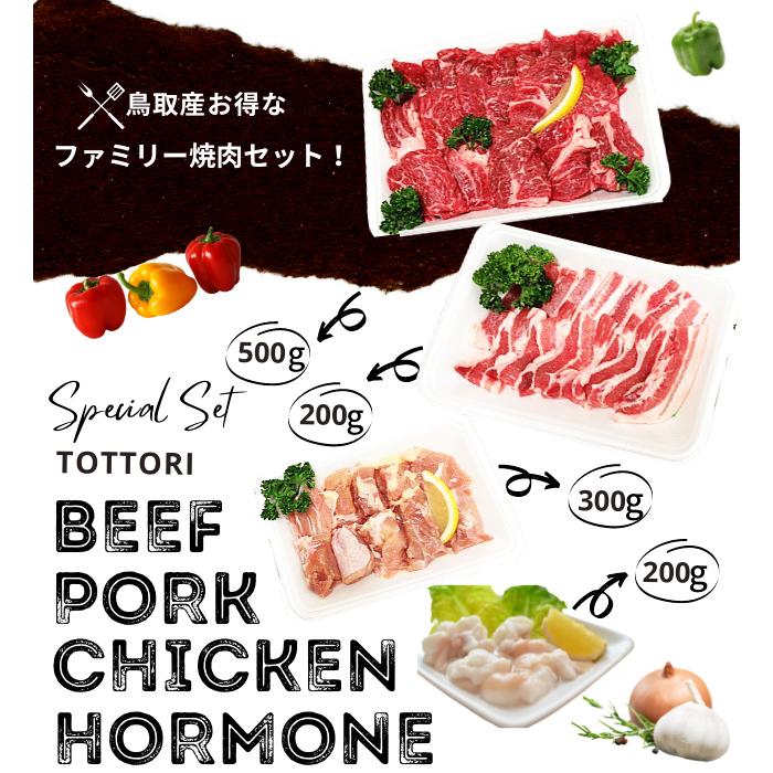 焼肉セット 1.2ｋｇ (３〜５人前） ホルモン 牛肉 豚肉 鶏肉 焼き肉 鳥取産 バーベキュー  BBQ ファミリーセット たっぷり1,2キロ 送料無料