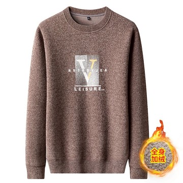 圓領毛衣男士秋冬季寬松百搭2021新款一體絨休閑打底針織衫上衣服