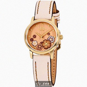COACH手錶，編號CH00207，28mm金色圓形精鋼錶殼，粉紅中三針顯示， 山茶花錶面，米黃真皮皮革錶帶款_廠商直送