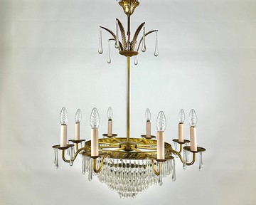 美麗的複古級聯水晶和黃銅枝形吊燈法國 1960 年代