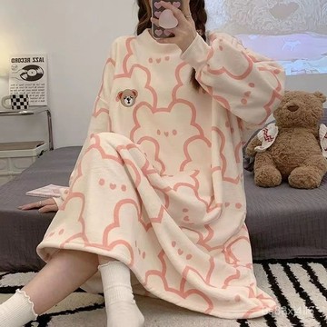 【台灣出貨 】150KG大尺碼睡衣 睡裙女 長袖睡衣 絨睡裙 女生睡衣 秋冬睡衣 睡衣裙 珊瑚絨睡衣 冬天睡衣 連身睡衣