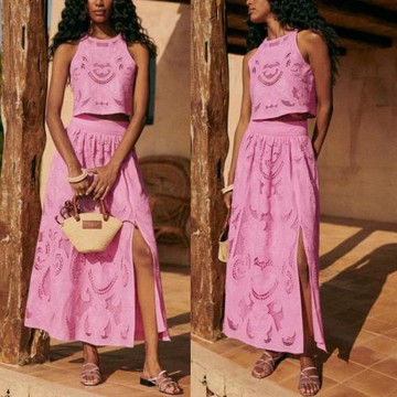 跨境2024歐美新款無袖半身裙口袋兩件套 INS休閑寬松度假開叉套裝