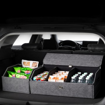 折疊式收納箱 [樂錦家居]車載收納箱 帶蓋車用儲物箱 尾箱置物盒 露營車家兩用汽車用品（可折疊 炭黑色-中號）