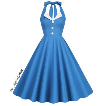 港風甜美復古收腰大擺中長款復古掛脖度假舞蹈裙子女夏新款連衣裙