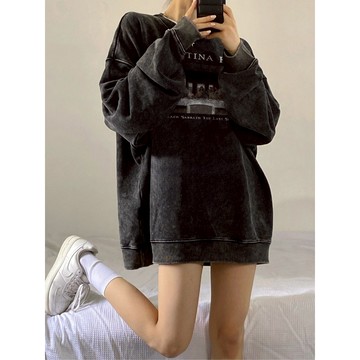 CHAOO 大學t 長袖衛衣 美式復古衛衣 oversize 長袖 水洗大學t 情侶裝 女生衣服 秋冬上衣 黑色大學t