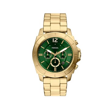 【FOSSIL】限時9折↘Privateer 開拓者綠金三眼手錶 金色不鏽鋼錶帶 45 MM BQM7123