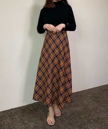 橘藍格紋傘狀裙