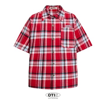 【OTIS】 「現貨速出」紅色 復古 古著感 格紋襯衫 短袖 寬鬆 落肩 復古 美式 街頭
