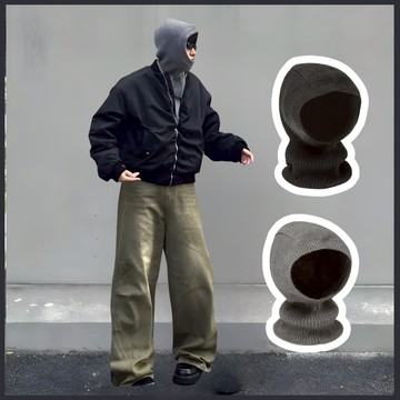 【台灣現貨】韓系粗紋套頭圍脖一體毛帽｜秋冬保暖針織包頭帽 護耳滑雪帽 巴拉克拉法帽