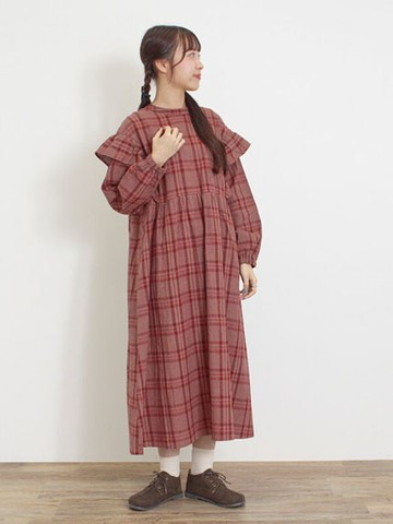 素色/格紋荷葉邊拼接袖襯衫式連身洋裝(0F000232310) - Samansa Mos2