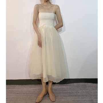 細肩帶洋裝超仙浪漫收腰歐根紗蓬蓬裙裹胸顯瘦時尚吊帶仙女打底裙女【聚寶屋】