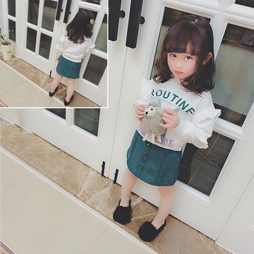 春季新款中小童時尚印花套裝 女童花邊袖套頭衫+休閑裙套裝1入