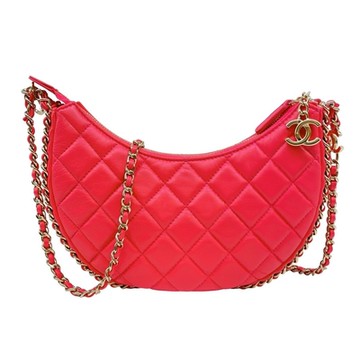 CHANEL 香奈兒 經典雙C吊飾菱格紋Hobo Bag 斜背包/金釦小款(螢光粉橘/晶片款)