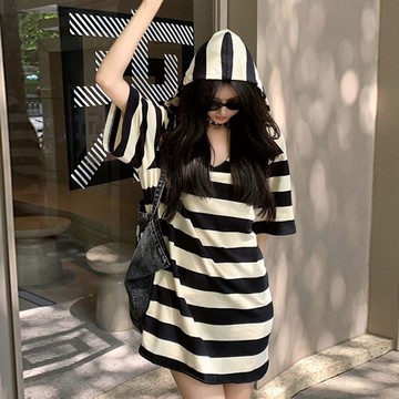 韓版連帽條紋中長款上衣