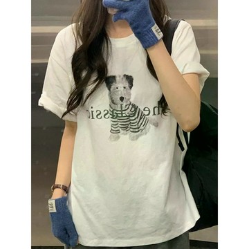 短袖T卹女  韓系純棉白色圓領小狗印花短袖T卹女2026夏季新款寬鬆顯瘦上衣l