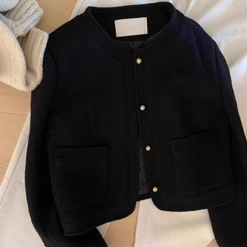 黑色小香風短款外套女秋冬法式小個子毛呢夾克外搭開衫上衣春秋
