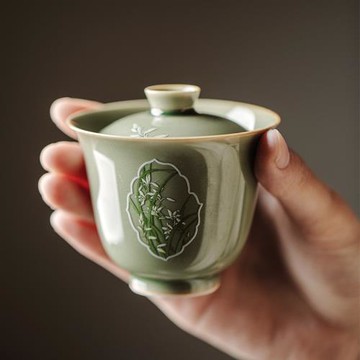越窯青瓷中式窗蘭蓋碗復古風人文泡茶碗陶瓷家用功夫茶具120ml