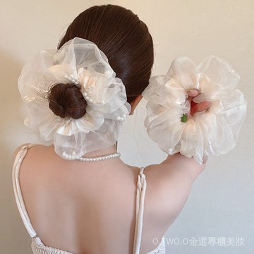 【臺灣出貨】溫柔到髮光！奶白網紗珍珠大腸髮圈蓬鬆顯氣質百搭不挑高級感髮飾 UIRM