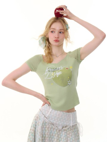 ziziFei夏美式復古設計感蘋果印花修身顯瘦v領上衣鏤空短袖t恤女