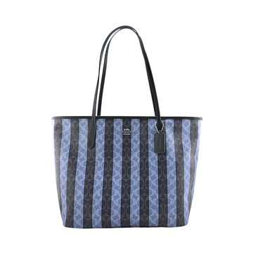 COACH丹寧藍/月光藍C Logo PVC條紋印花肩背托特包