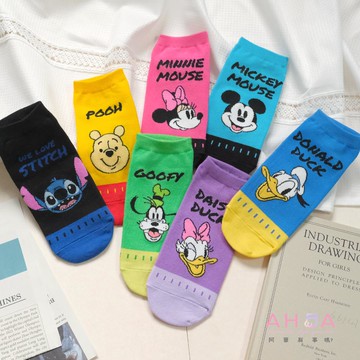 韓國襪子 迪士尼人物英文虛線拼色短襪 K2236
