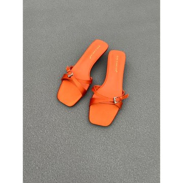 緞面拖鞋女交叉涼拖2024新款橙色女鞋三角形跟粗跟綢緞簡約設計感
