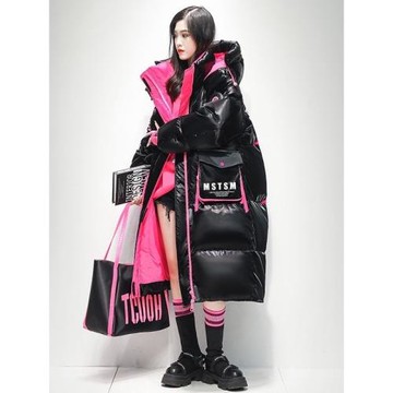 冬季保暖洋氣寬松過膝長款拼色面包服免洗防水白鴨絨紅色羽絨服女