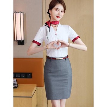空姐制服襯衫女職業裝夏季套裝短袖白色酒店餐飲茶樓服務員工作服