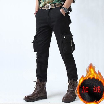 工裝褲男冬季加絨加厚寬松直筒耐磨多口袋保暖皮帶腰水洗休閑長褲