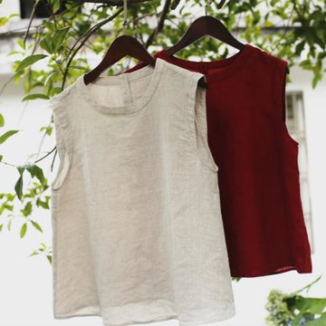 昔語自制 純亞麻干洗亞麻小立領A擺無袖背心馬甲 C753