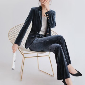 高端金絲絨西裝外套女春秋韓版時尚修身歐洲站氣質真絲絨西服套裝