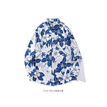 From Mars樸實無華 潮牌復古花卉滿印長袖襯衫夏威夷沙灘寬松襯衣