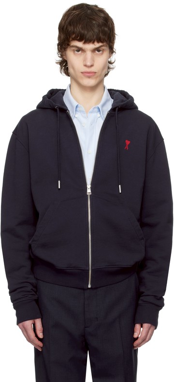 AMI Paris 海军蓝 Cotton Ami de Coeur Zipped 连帽衫