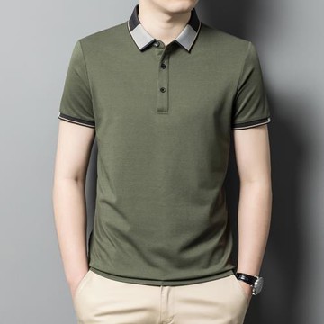 夏季桑蠶絲男士翻領冰絲棉短袖polo衫潮流男裝薄款純色半袖體恤衫