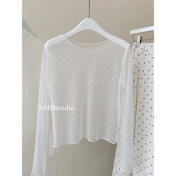 愛心波點圓領蕾絲打底衫女短款網紗長袖透輕薄韓系疊穿內搭白色