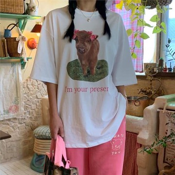 晚睡/牛牛也愛蝴蝶結可愛簡約圓領夏季短袖女創意夏季新款韓系ins