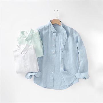 【米蘭精品】亞麻襯衫長袖上衣-休閒簡約翻領男裝2色74ew44