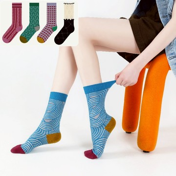 w0006 超薄彩色條紋時尚百搭中筒襪.襪子