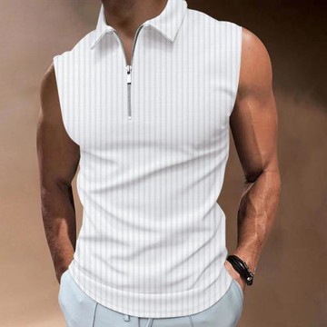 春夏翻領坎肩Polo衫拉鏈條紋背心 striped lapel sleeveless vest