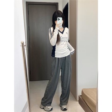 兔丸四色入細條紋糯米褲闊腿褲秋冬款高腰直筒休閑褲子慵懶長褲女