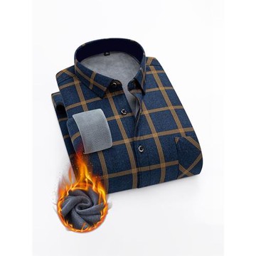 秋冬季長袖加絨加厚保暖襯衫男格子休閑襯衣中老年男士上衣爸爸裝