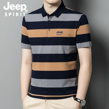 JEEP SPIRIT男裝條紋翻領撞色針織polo衫男2023夏季新款男士短袖鑫弘-衣錦男裝