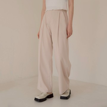 QUEENSHOP_ S 女裝 不對稱打褶直筒西裝褲-杏 S/M/L 現+預 【04030495】